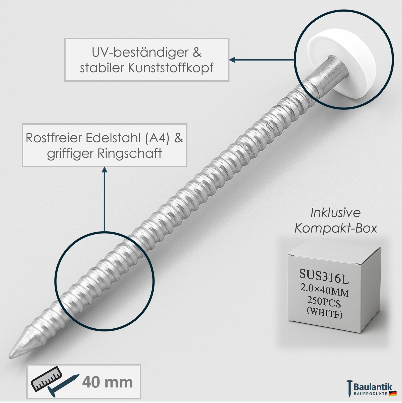 Polytop-Nägel Edelstahl | 40 mm | 250 Stk.